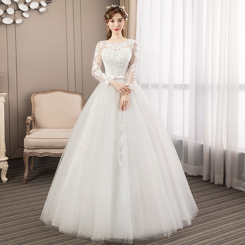 Fashion Wanita Bridal Lengan Panjang Lace Wedding Dress Bridal Ball Gown