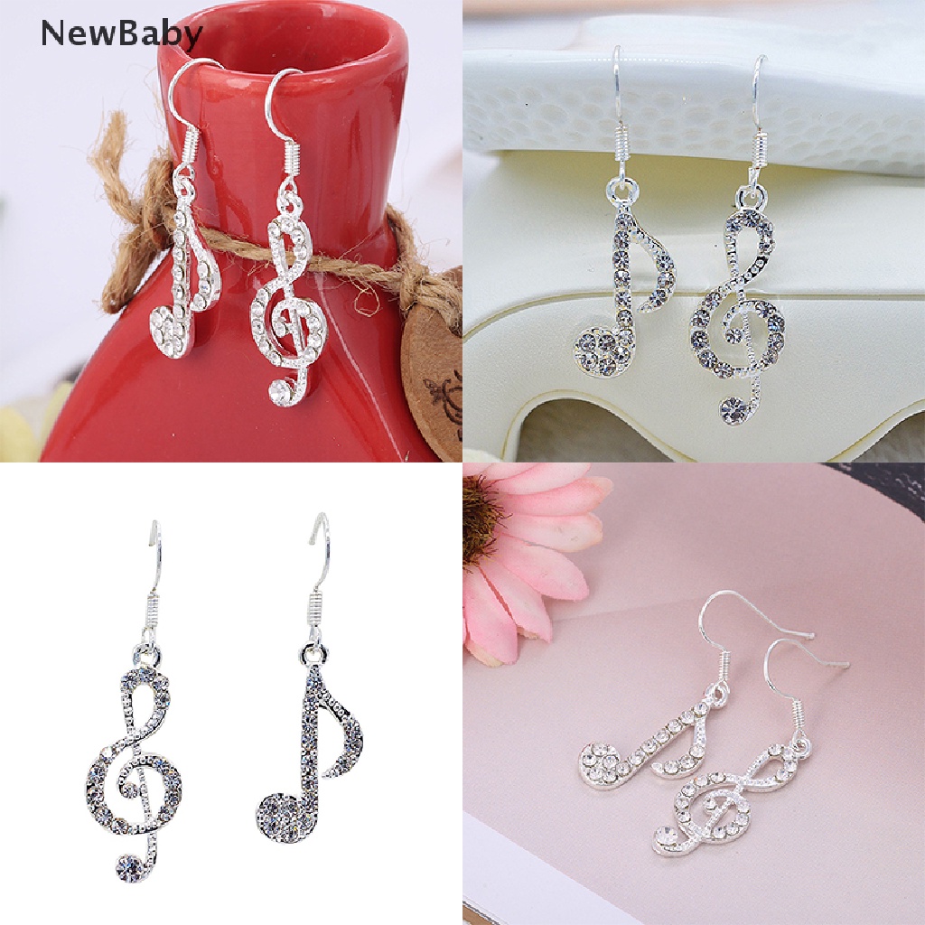 Anting Tusuk Gantung Wanita Desain Not Musik Hias Kristal Warna Silver Untuk Pesta