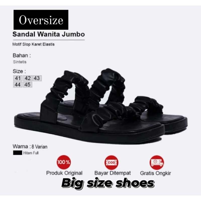 MK BIG Size shoes Woman Kerut 41.45 Sendal Teplek Oversize Wanita Cantik Sendal Koreaan JUMBO Black