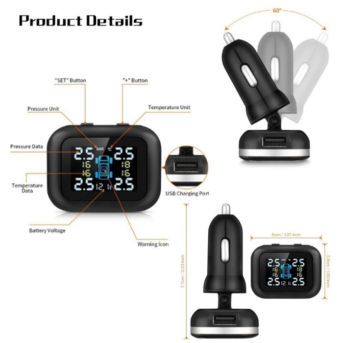 Solar Lighter TPMS + USB Charger Pengukur Pressure Tekanan Angin Ban Mobil