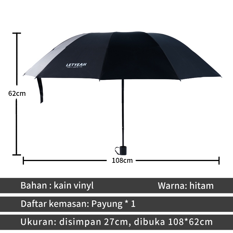 Letyeah &amp; Kaizenliving Payung 3 Lipat Manual Hitam Polos Anti UV Protection Tahan Angin