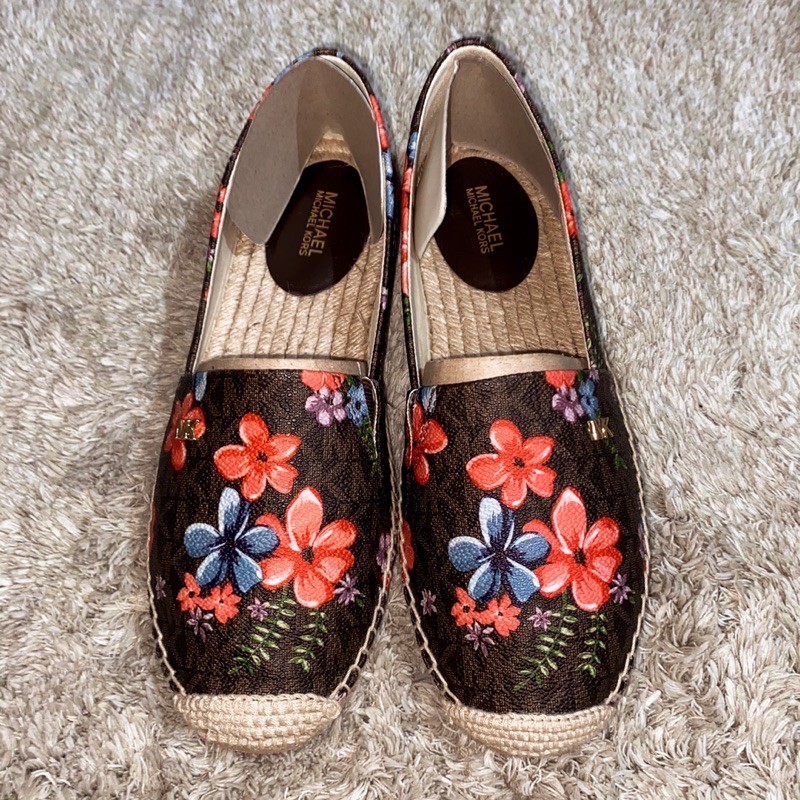 MICHAEL KORS NBU 6.5 Kendrick Iconic Brown Floral MK Logo Espadrilles Love Shoes