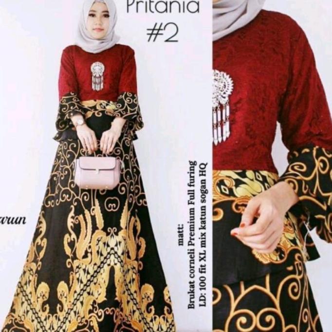 Gamis Brukat Kombinasi Batik Dress Long Panjang Pesta Mewah Wanita Db68238