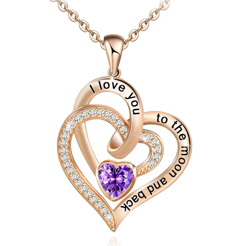 R-flower Heart Necklace 5A Cubic Zirconia Wanita Rose Gold I Love You to The Moon and Back