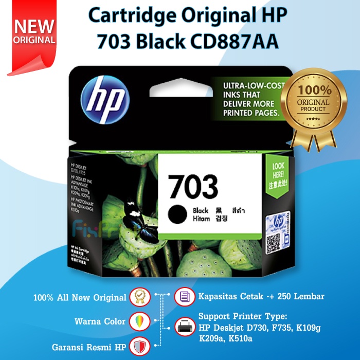 Cartridge Tinta HP 703 black Original Catridge CD887AA Printer D730 F735 K109 K209a K209g Aio K510a