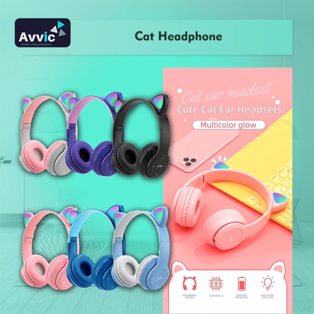 Headphone Wireless Bluetooth LED Cat Ears P47 Headset Handsfree Bando Kucing Stereo