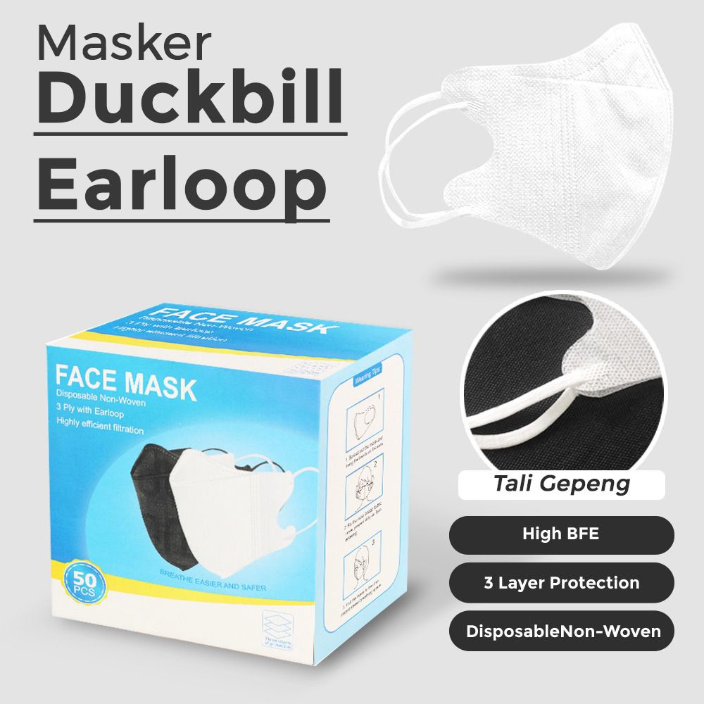 Masker Duckbill Garis Facemask Face Mask Warna Hitam Putih 3 Ply Earloop Original Untuk Dewasa Isi 50 Pcs Per Box