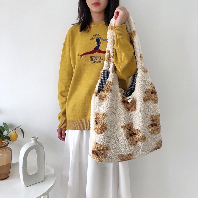 JEAN Korean Fluffy Bear Tote Bag / Tas Korea Beruang Besar / Totebag Jumbo / Tas Bahu Korea Import