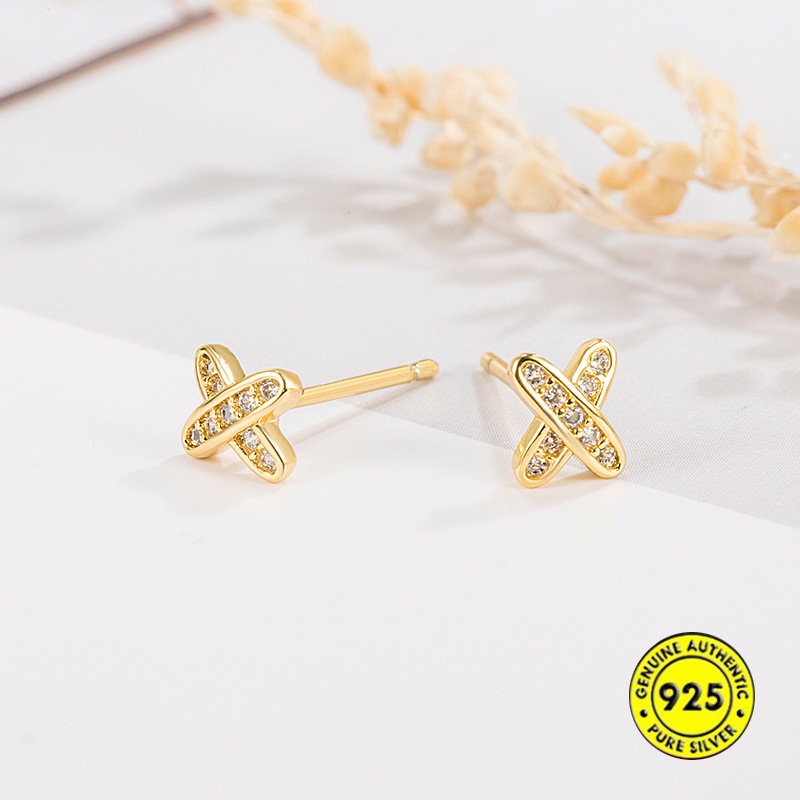 Anting Tusuk Bentuk Huruf X Hias Berlian Imitasi Untuk Wanita U1034