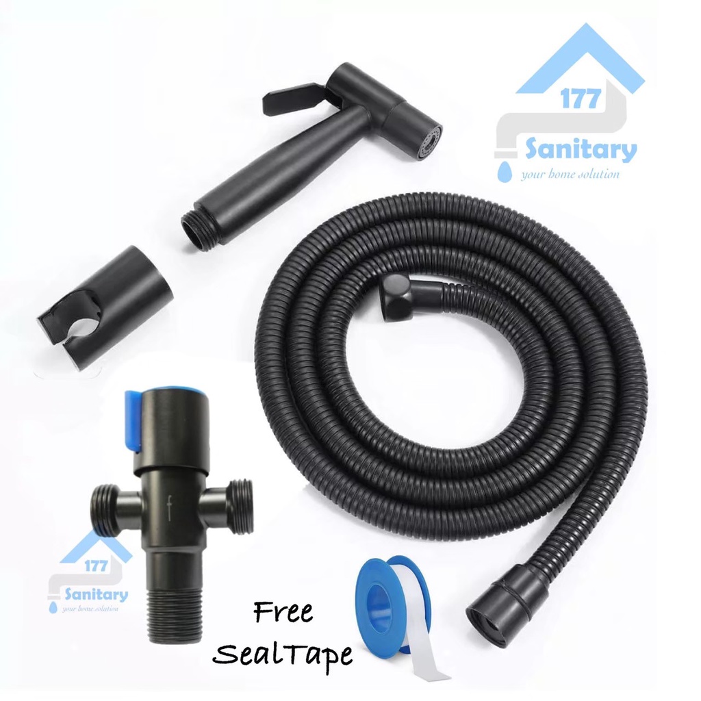 Paket Jet shower bidet Hitam Stainless 304 &amp; stop Kran T  52BL+seal -Semprotan air kloset Complete set bundling closet washer toilet