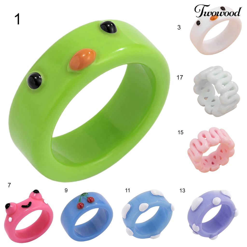 Twowood Frog Shape Colorful Women Ring Resin Animal Pattern Finger Ring Jewelry Accessory