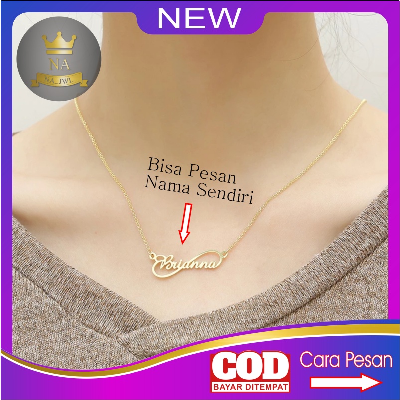 Kalung wanita custom nama huruf sendiri bahan titanium anti karat warna gold dan silver aksesoris fashion necklace kaling emas cewek muda