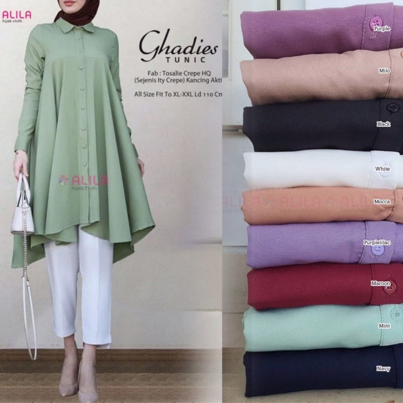 ATASAN LONG TUNIK GHADIES TOSALIE YHARA MOTIF POLOS KANCING DEPAN BUSUI FRIENDLY BY ALILA GREENYHIJA