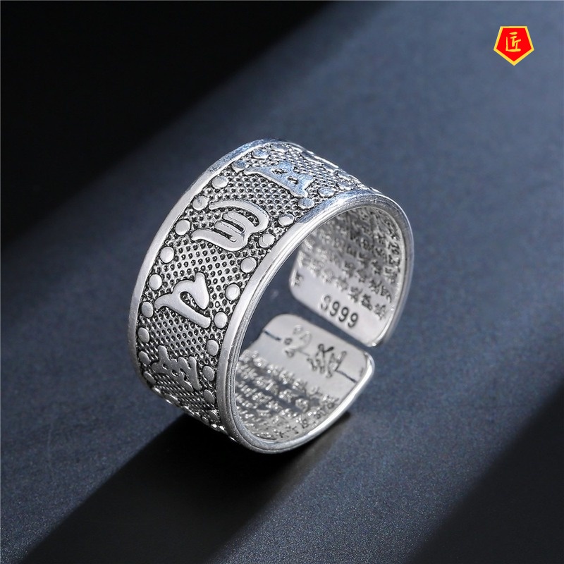 [Ready Stock]Simple Proverbs Heart Sutra Retro Silver Ring