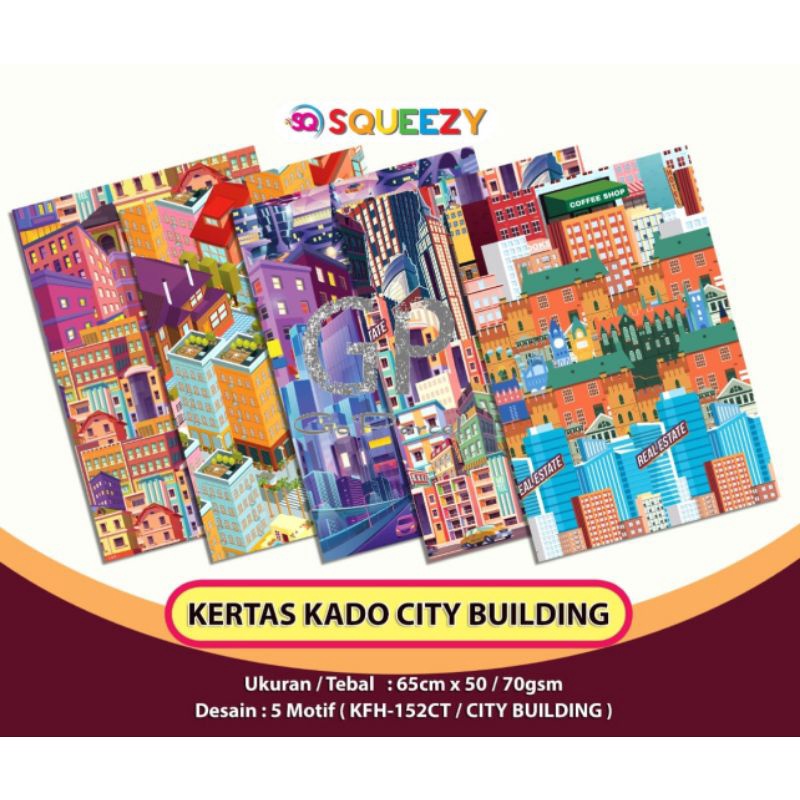 ( 5 Lembar ) KERTAS KADO SQ DOFF - GIFT WRAPPING PAPER MODERN CITY BUILDING KOTA EUSTHATIC