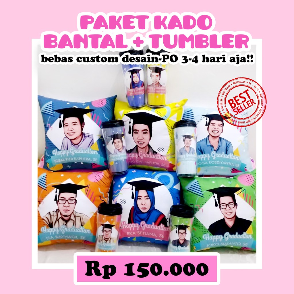 PAKET BANTAL & TUMBLER KADO/HADIAH/SOUVENIR CUSTOM UNIK LUCU  WISUDA/ULANG TAHUN/WEDDING/NIKAH