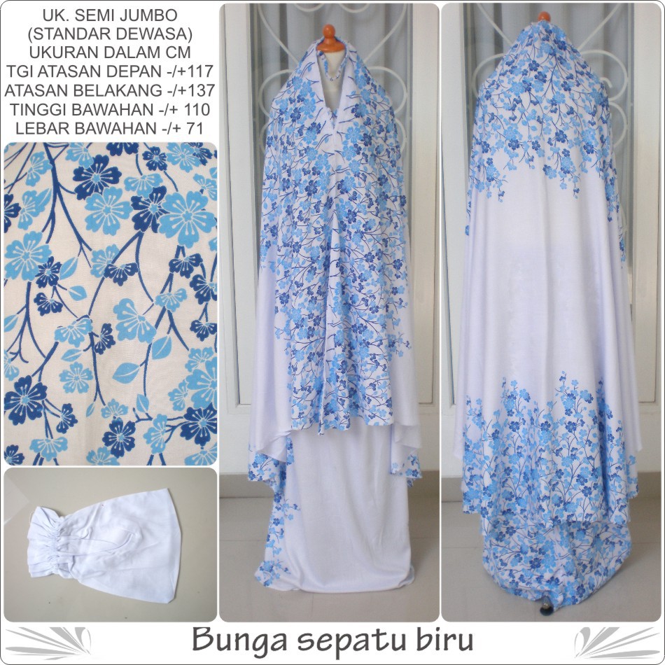 mukena dewasa bali motif bunga sepatu bahan rayon warna biru semi jumbo