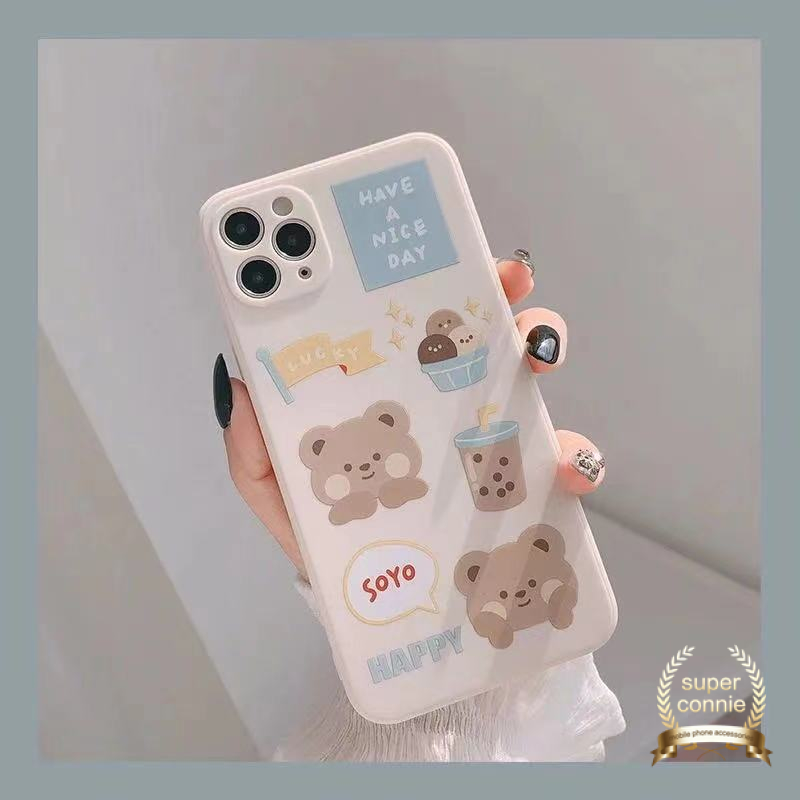 Kawaii Letter Case Kompatibel Untuk iPhone 7Plus 13 11 14 12 Pro Max X XR 7 8 6S 6 Plus XS Max SE 2020 Kartun Beruang Lucu Teh Susu Lembut tpu Penutup Tepi Lurus