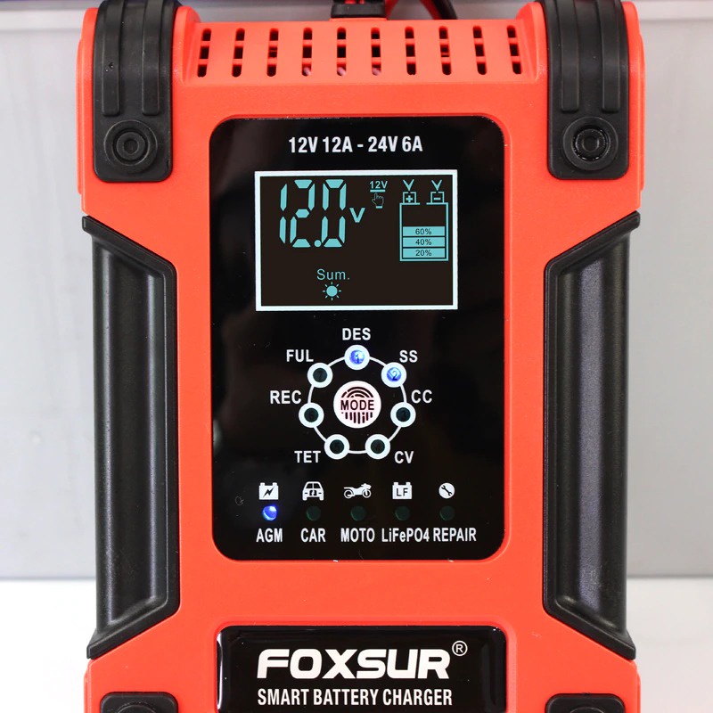 Foxsur Charger Aki Mobil Motor 105W 12-24V 12A 200Ah with LCD - FBC122412D - Red