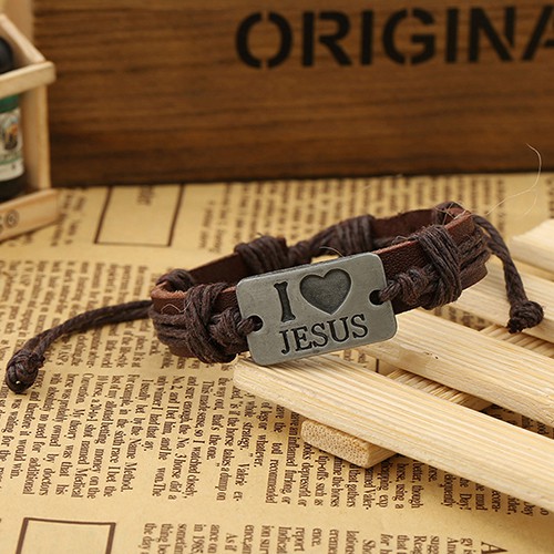 Gelang Unisex: Tulisan I LOVE JESUS Bahan Tali Kulit Rubah Imitasi Yang Dapat Diatur