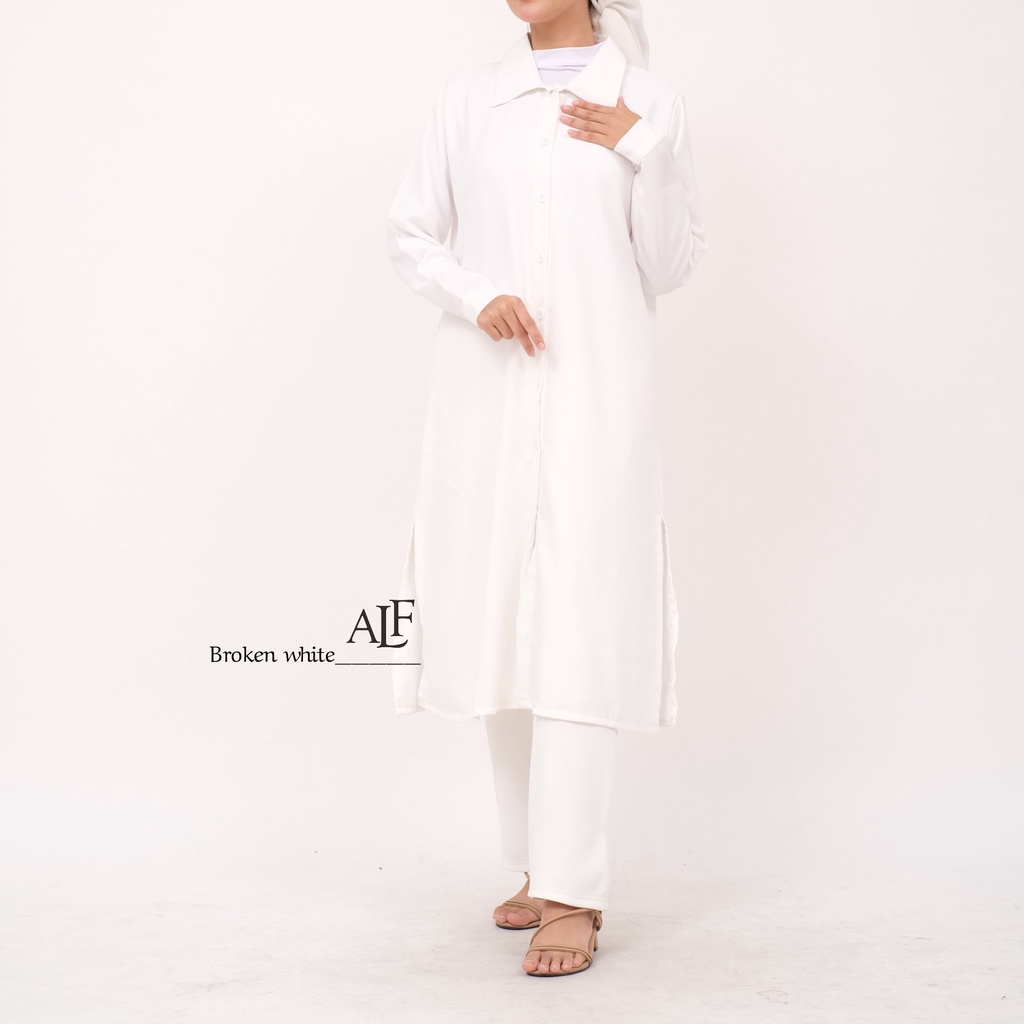 Messi Long Tunik Broken White by Alfaina / Basic Tunic Kemeja Putih BW Wanita