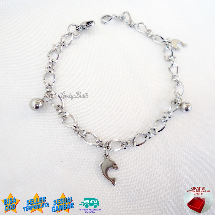 Lovelybutik - Gelang Titanium Asli  Anti Luntur Rik4 Dolphin Gelang Tangan Wanita Rantai Ukuran 18 cm BONUS KOTAK PERHIASAN