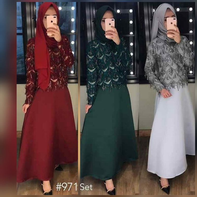 9718-yr setelan rok/pisah bahan scuba komb tulle payet tulle rumbai rok bahan saten bridal kode 971