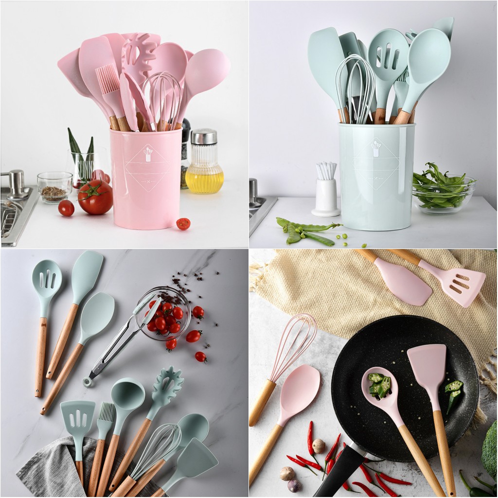 11pcs Set Alat  Dapur  Bahan  Silikon Kayu Tidak Lengket 
