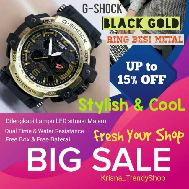 Jam Pria G-Shock Terbaru. Tampil Modis Tali Hitam List Gold Ring Besi Elegan. Anti Air