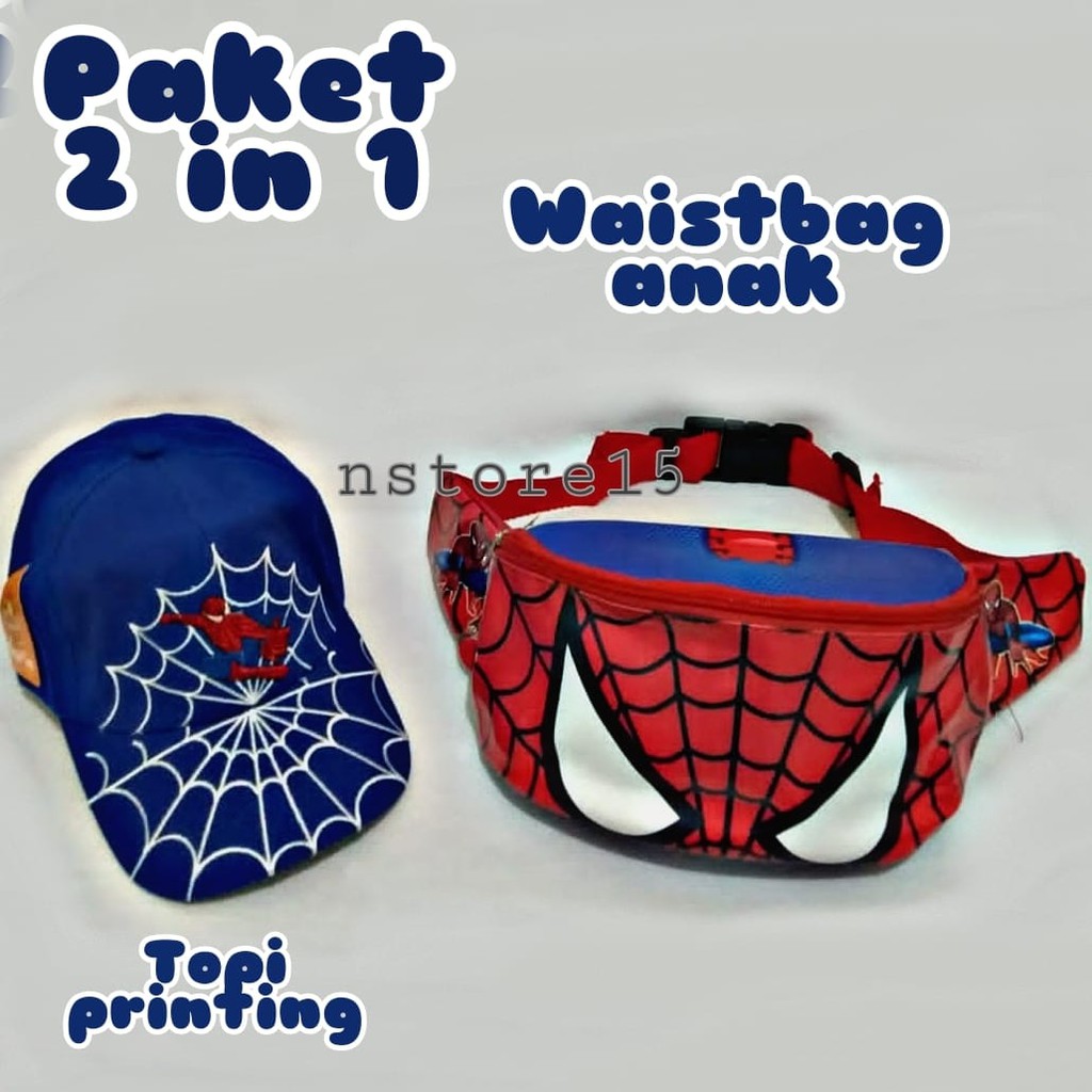 (COD) PAKET 2IN1 TOPI &amp; TAS PINGGANG ANAK LAKI-LAKI SPIDERMAN / WAITSBAG ANAK KEREN / TAS ANAK MURAH