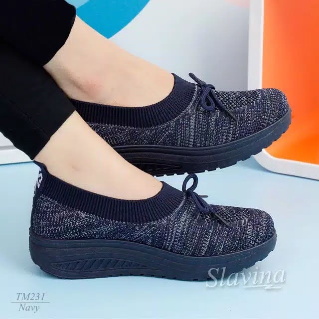 sepatu wedges slavina wanita keren original murah berkwalitas - navy
