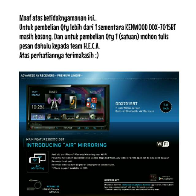 HOT PROMO Double Din KENWOOD DDX-7015BT + HDMI Wifi Dongle KCA WL-100 [ORIGINAL]