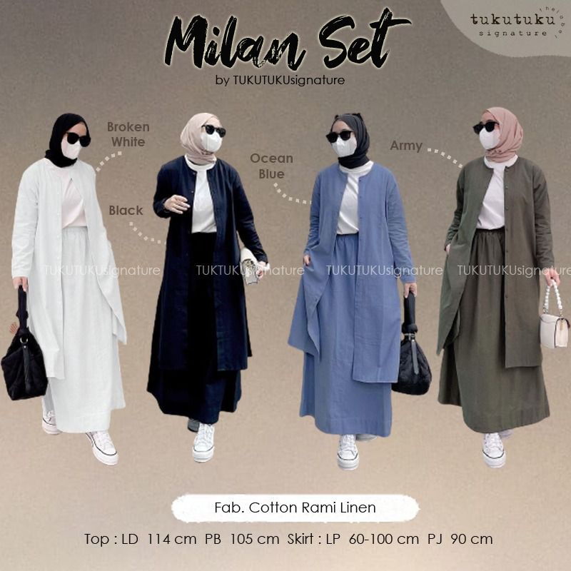 Milan One Set Setelan Tunik Rok Polos Putih Hitam Katun Rami Linen Ld 114 Jumbo Fit XXL Busui Kancin