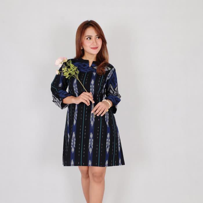 Terlaris Dress Batik Modern Murah/ Dress Tenun Etnik/ Dress Batik Modern Murah - Hitambiru, Bigsize