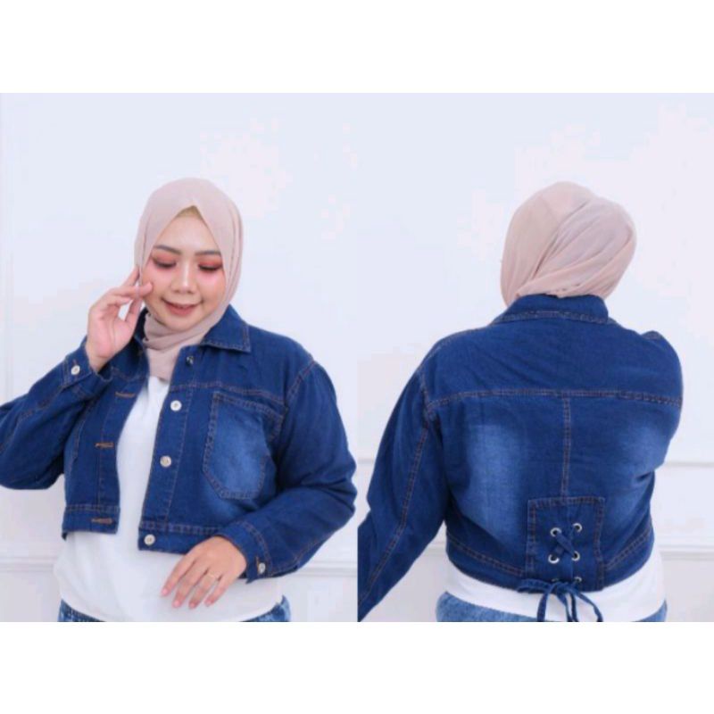 JAKET CROP DENIM JUMBO READY STOCK TALI PITA BELAKANG