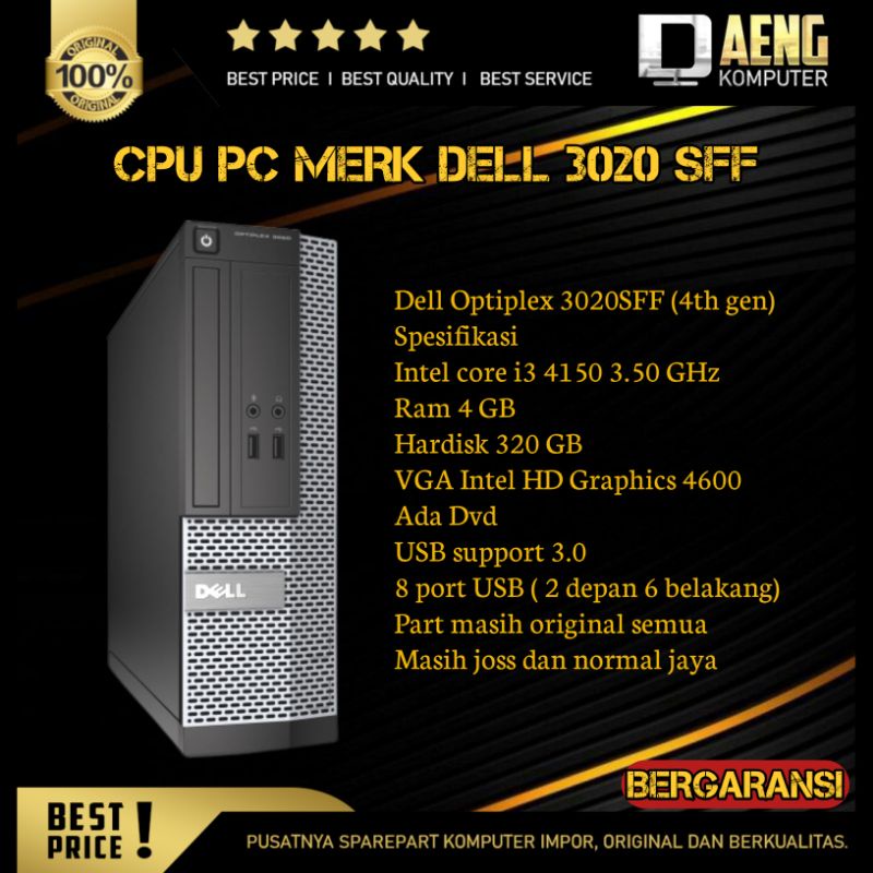 Cpu Pc Komputer Mini Merk Dell Optiplex 3020 SFF Haswel Intel Core i3 4150 Gen 4 Ram 4 GB HDD 320 GB