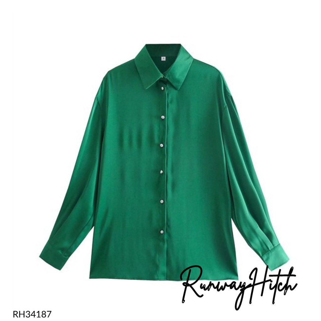KEMEJA SATIN HIJAU RH34187 / KEMEJA SILK OVERSIZE / KEMEJA SATIN IMPORT
