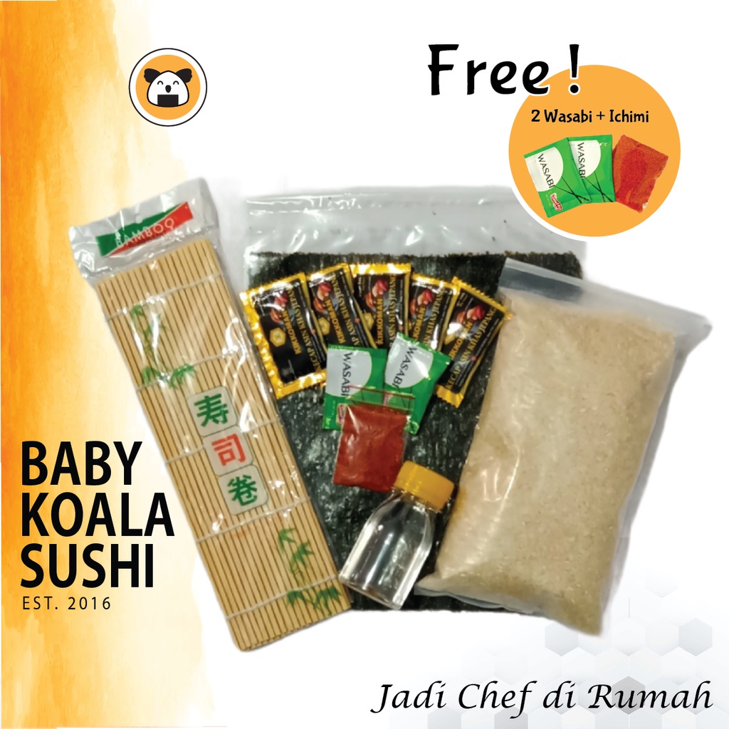 

PAKET BAHAN SUSHI LENGKAP 10 Porsi Halal │ Beras Japonica, Nori, Bambu Mat, Shoyu, Sushi Seasoning -BKM