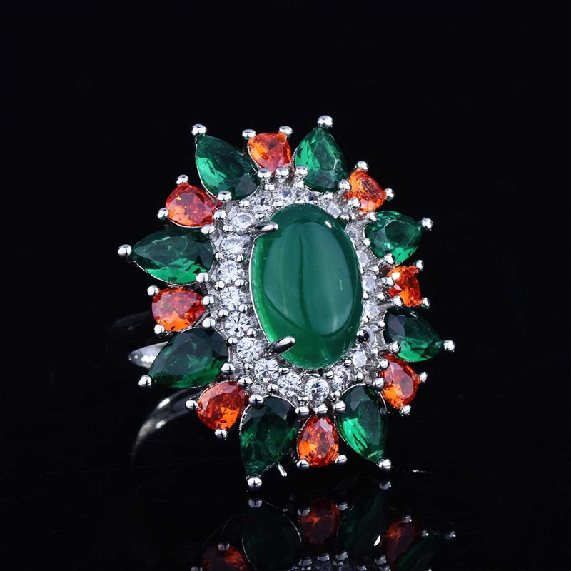 Fancyqube Cincin Batu Chalcedony Bentuk Oval Warna Hijau Gaya Vintage Untuk Wanita