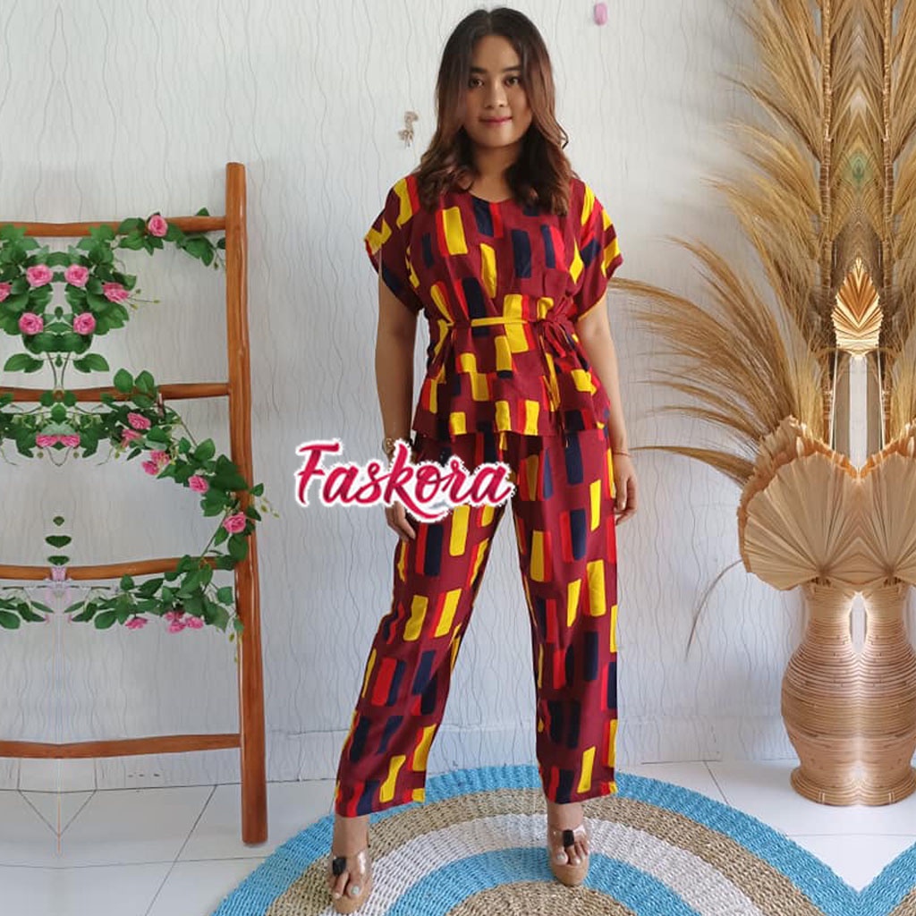 Piyama Rayon Jumbo Lengan Pendek One Set Wanita Kekinian Remaja Pajamas Polos Kombinasi Auristela-Balok Marun