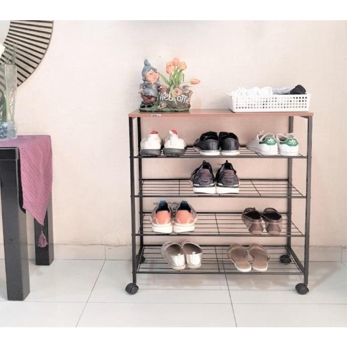 Rak Sepatu Sandal Minimalis Serbaguna Kayu Beroda 5 Susun Hitam ---Ready---