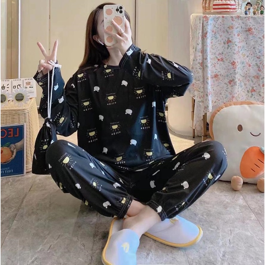 AJW Shop Setelan Wanita Import Joger | Setelan Baju Tidur Wanita | Piyama Wanita-Hello Hitam