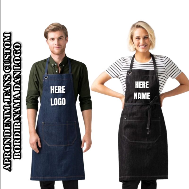 NEW PRODUCT Celemek Apron Barista Bartender Waitres Chef Celemek masak polos dan Custom  - DENIM JEANS PREMIUM