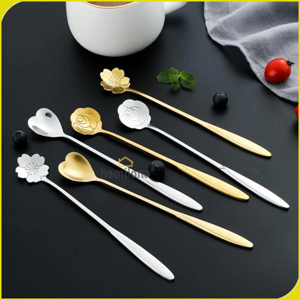 Sendok Teh Gagang Panjang Long Handled Tea Spoon Stainless Steel Petal Heart - BLEXPRET TC49 - Silver Gold