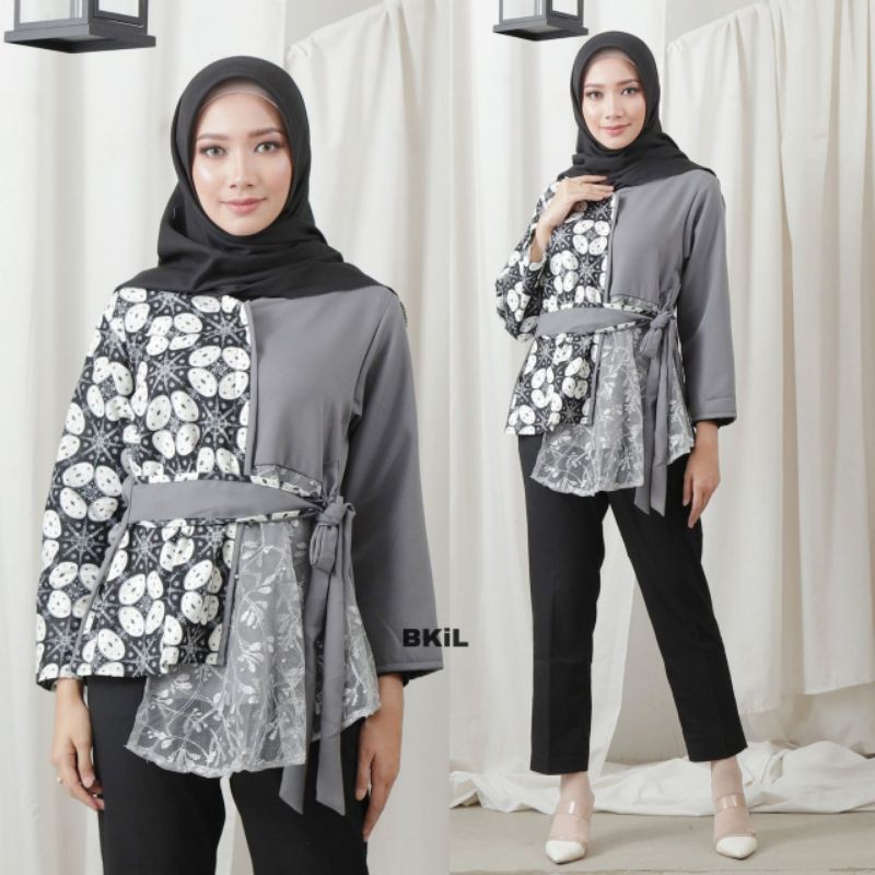 tey-17 Batik wanita ASJ SA HRB026 Kenongo Kemeja Tosca Pendek-Tile Abu