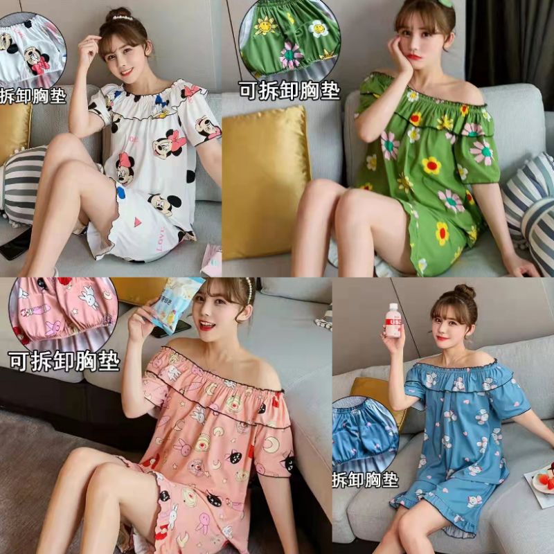 Oneset Baju tidur wanita sexy sabrina / Piyama hotpant Sexy rumbai import / Baju tidur Sexy