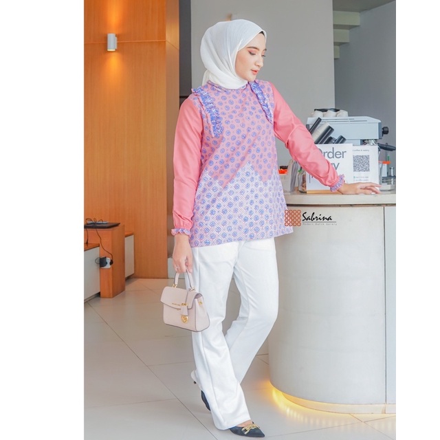 Dizza Blouse Atasan Batik Kerja Kantor Wanita Modern Modis Kekinian Pink Salem Hijau Pastel