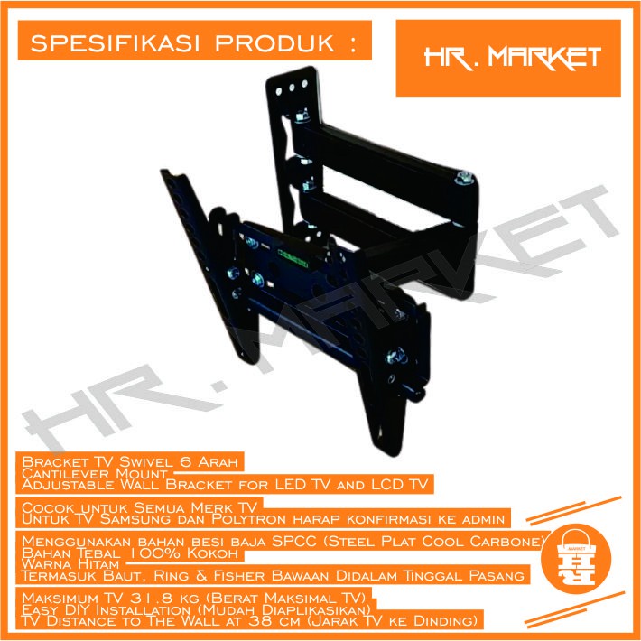 Bracket Tv Led 24 32 40 42 Braket Lcd Gantungan TV 19 - 43 Inch Swivel Wall Breket Polytron