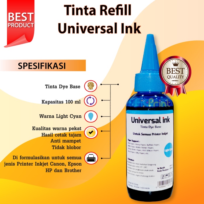 Tinta  Ink Light Cyan 100ml, Tinta Dye Base Epson Tutup Model Kerucut Murah