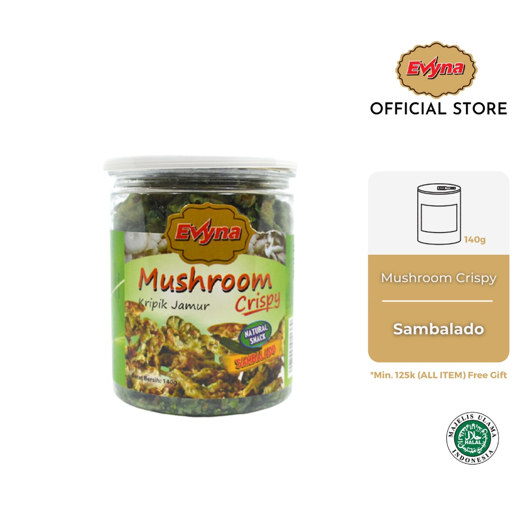 

Evyna Mushroom Chips / Keripik Jamur Krispi Rasa Sambalado Botol PET CAN 140g